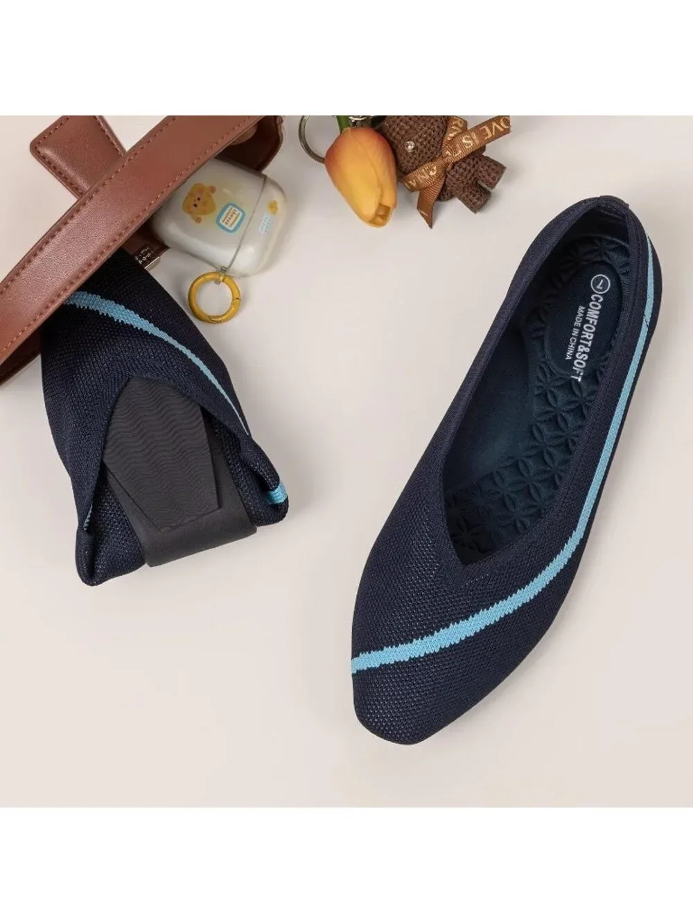 Frank Mully Women's Blue Rubber Knitted Square Toe Comfortable Slip On Flats